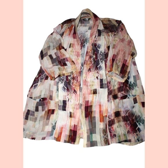 APNY Burgundy Abstract Long women's Cardigan multicolor open frontKimono Size L? - Picture 14 of 16